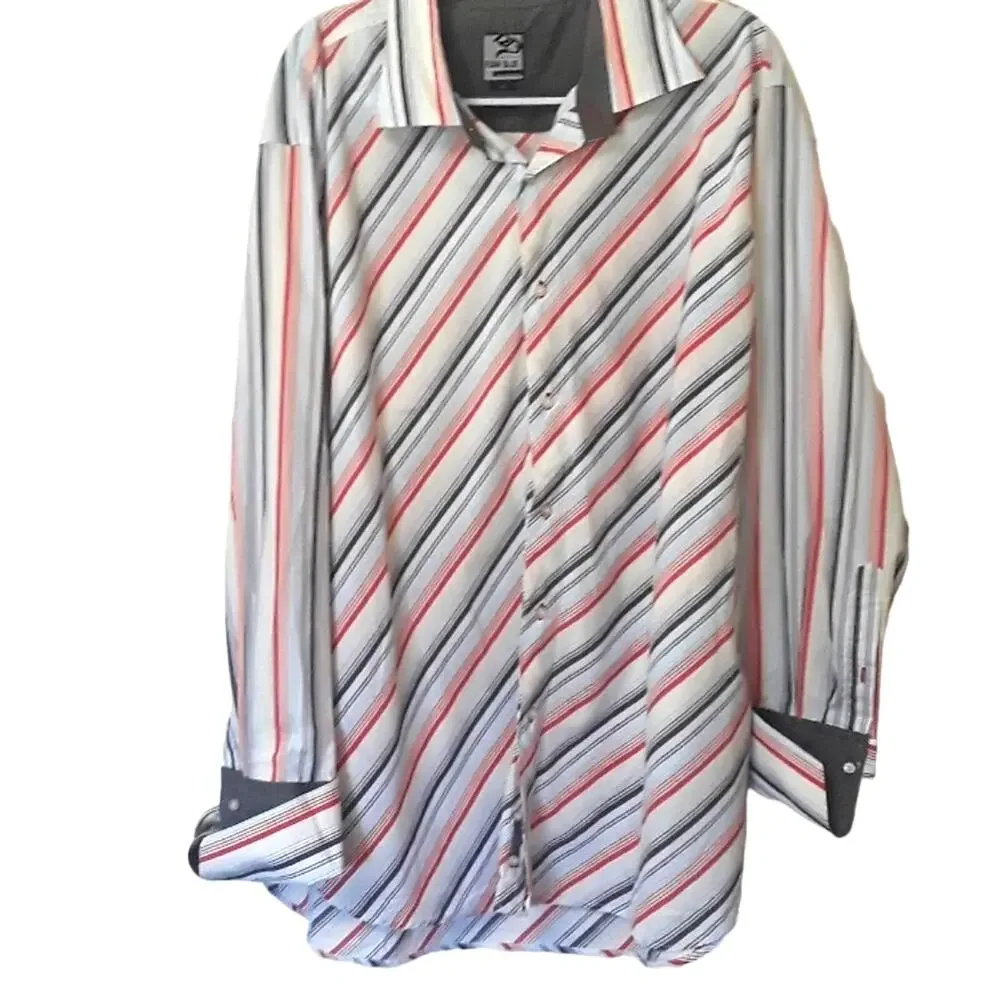 Mens Sz 3X Stripe Button Up Gray Contrast Cuffs Raw Blue Shirt